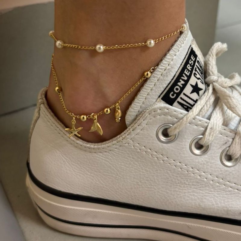 TORNOZELEIRA DUPLA PINGENTES MAR