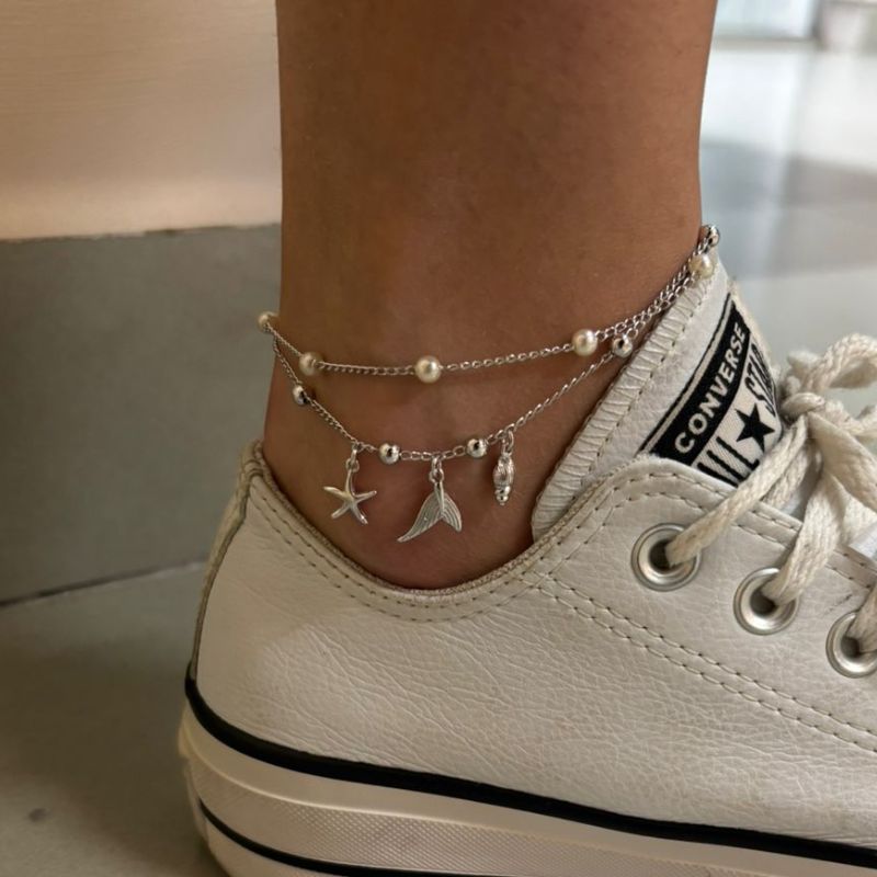 TORNOZELEIRA DUPLA PINGENTES MAR