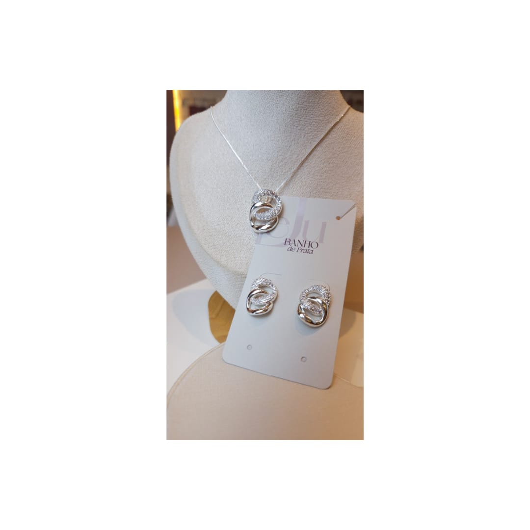 Conjunto Banho de Prata Elos com Zircônias