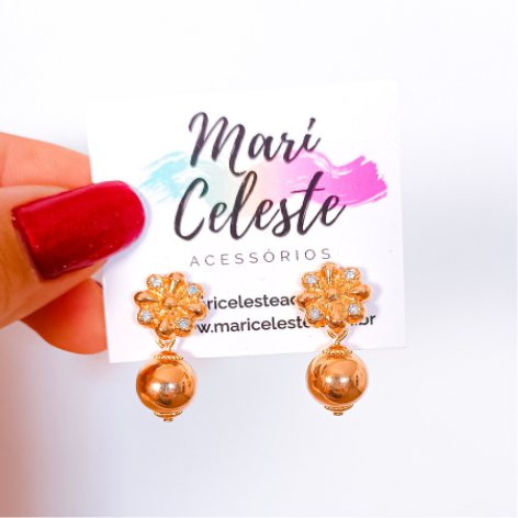 Brinco Flor Bola Dourada