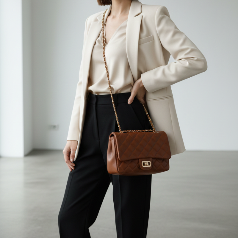 Bolsa Média Matelassê em Couro Legítimo Marrom