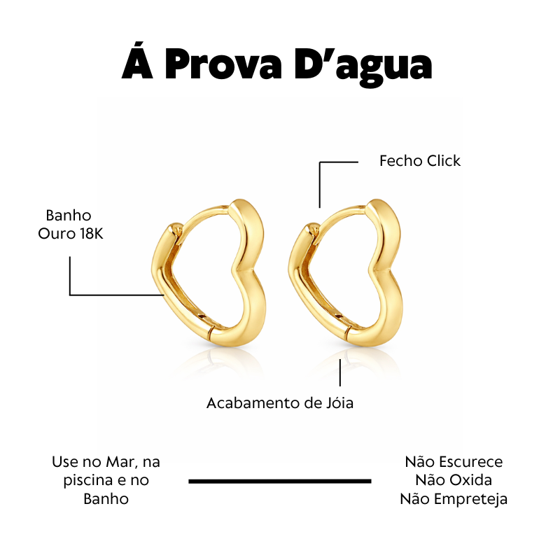 Brinco Á Prova D'agua Argola Coração 2cm