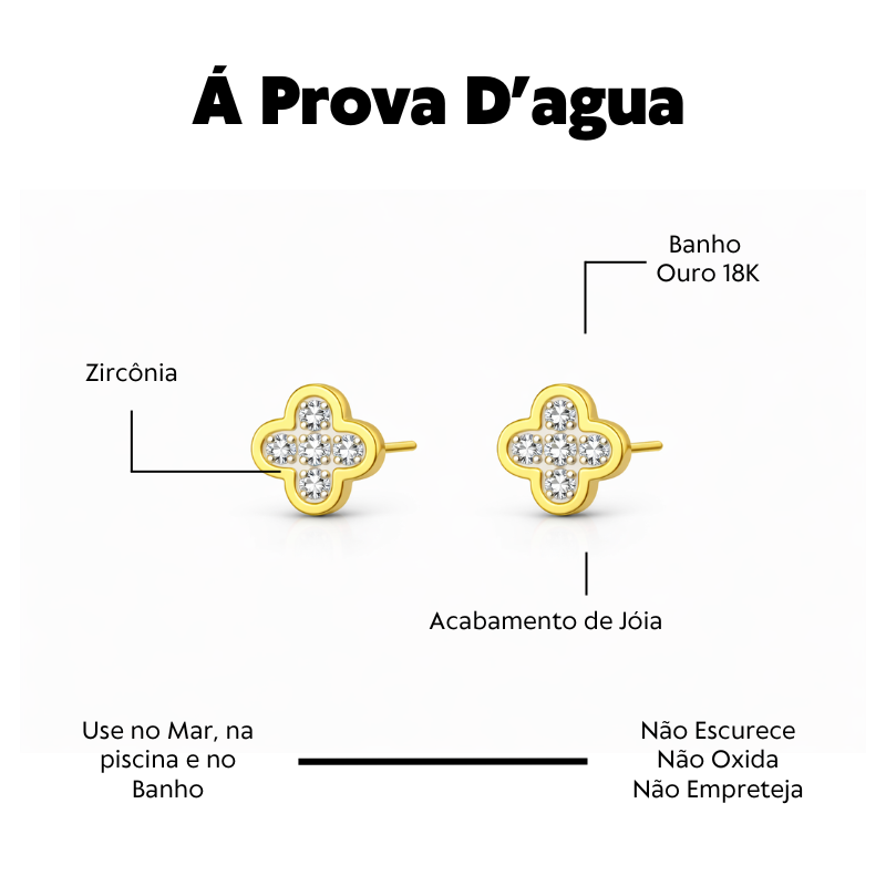 Brinco Mini Trevo Cravejado Á Prova D'agua