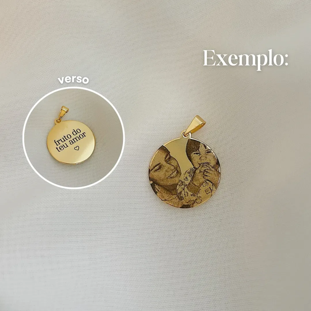 COLAR MEDALHA PERSONALIZADO 20MM. 45CM DE COMPRIMENTO E 5CM DE REGULAGEM. BANHADO A OURO 18K.
