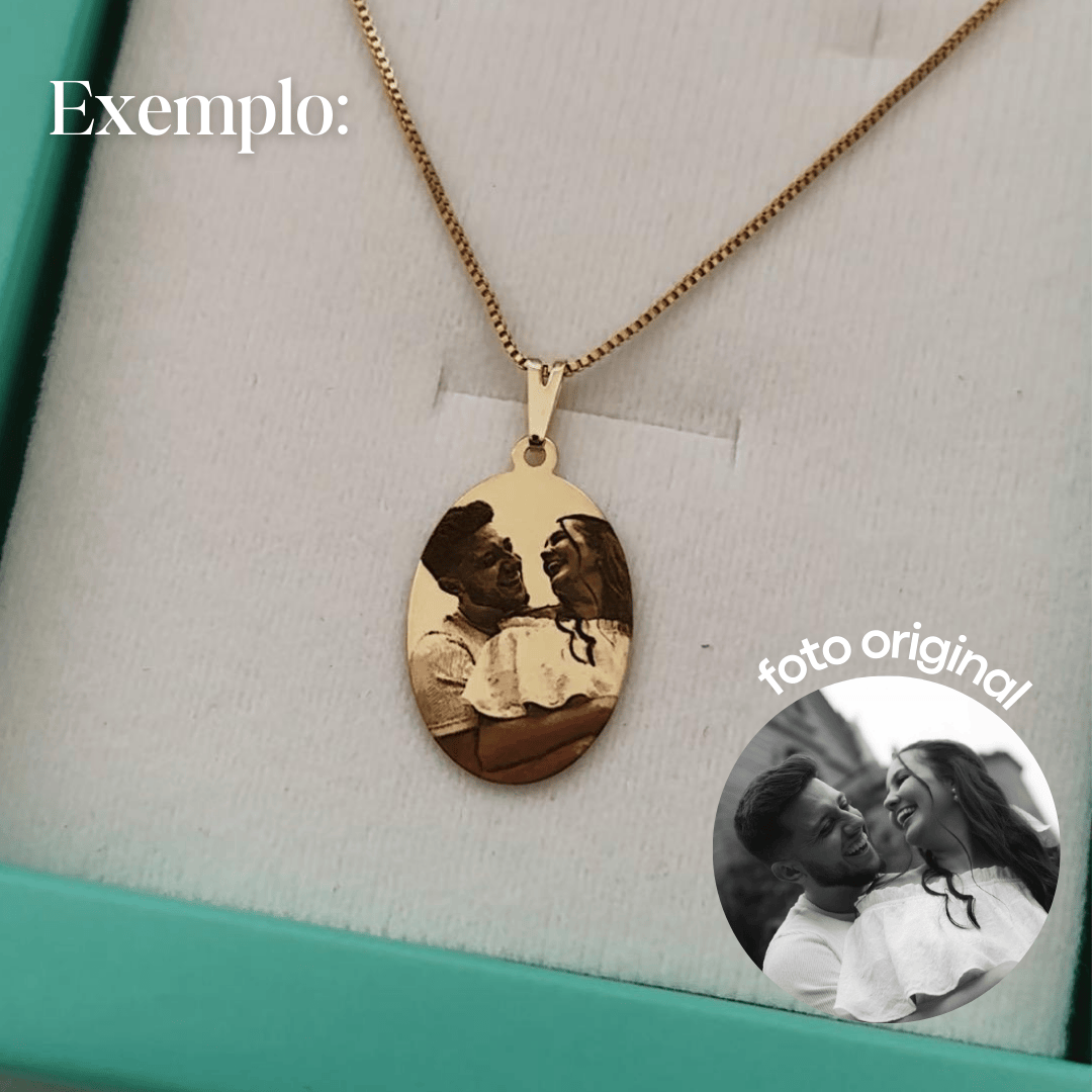 COLAR PERSONALIZADO MEDALHA OVAL 15X25MM DOURADO. 60CM DE COMPRIMENTO. BANHADO A OURO 18K.