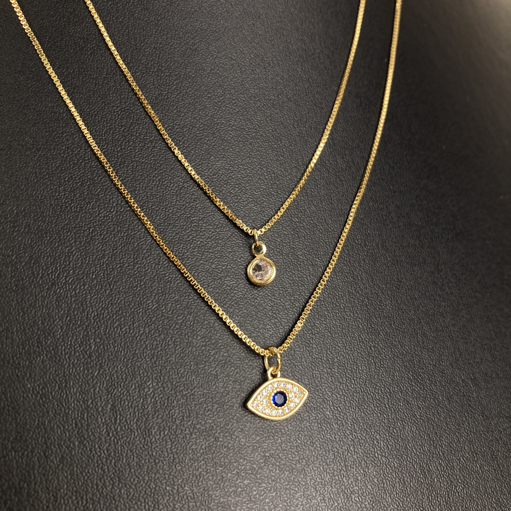 Colar Dupla Veneziana com Ponto de Luz e Olho Grego em Microzircônia Folheado a Ouro 18k