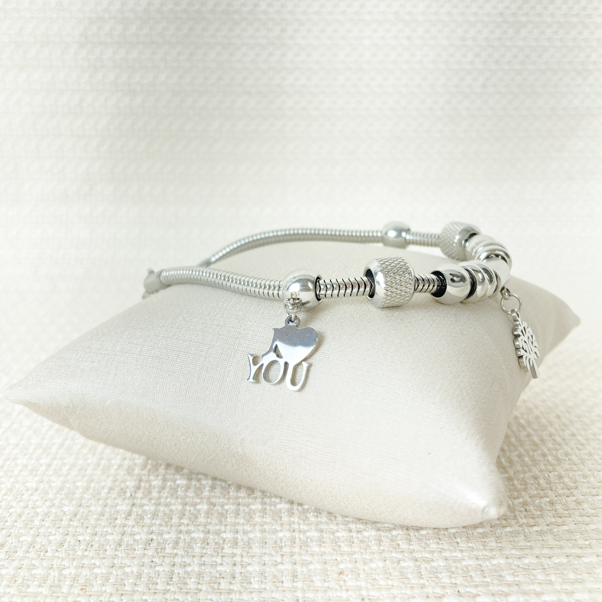 Pulseira Berloques You/Árvore/Chave em Aço Inox Prateado