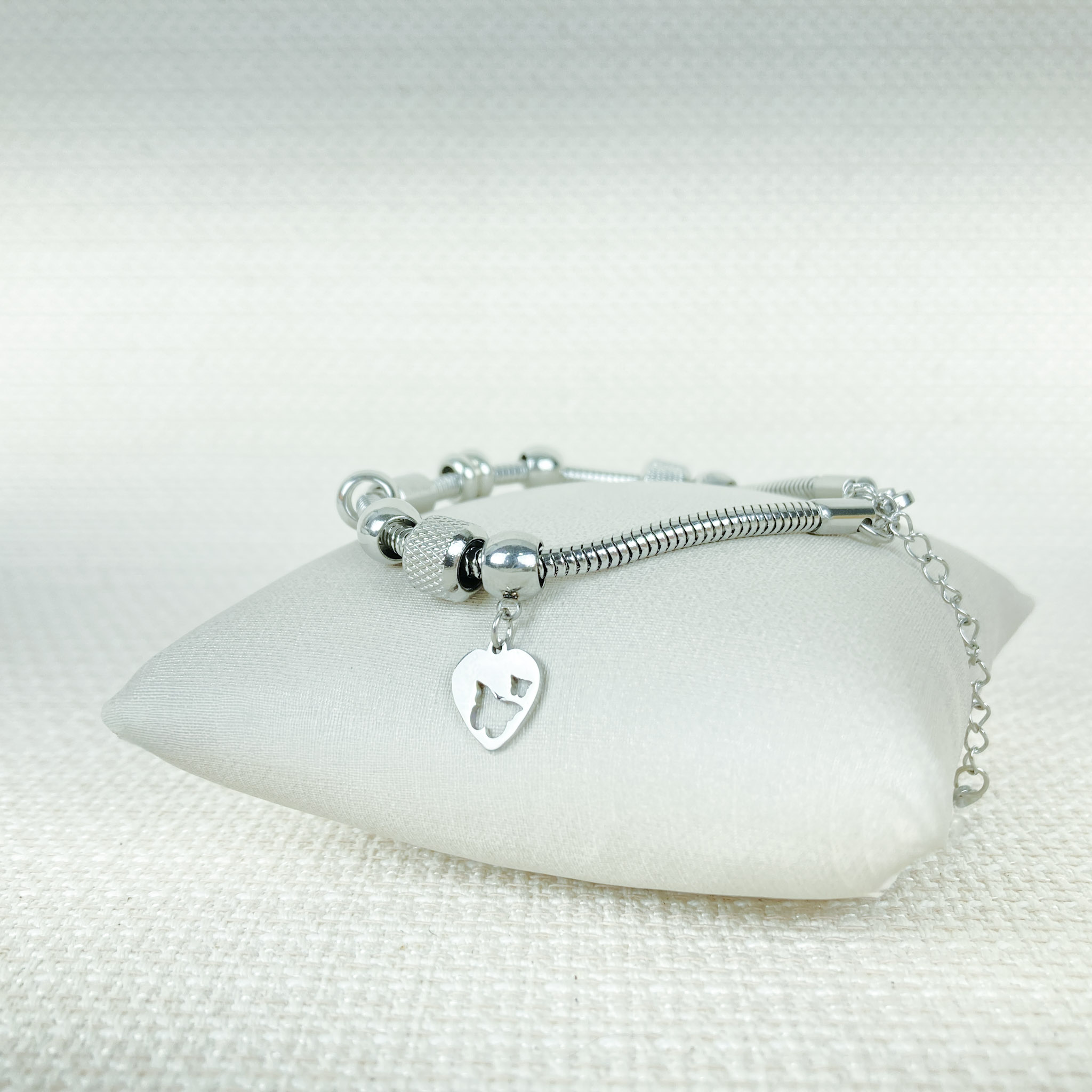 Pulseira Berloques Borboleta Vazada no Coração, Linha da Vida e Estrela Aço Inox Prateado