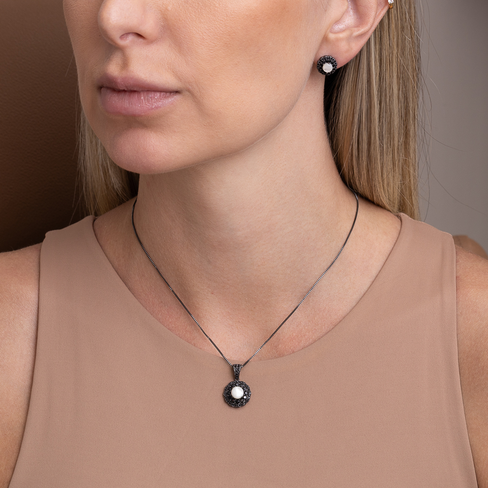 CONJUNTO MADRE PÉROLA BANHO RÓDIO NEGRO