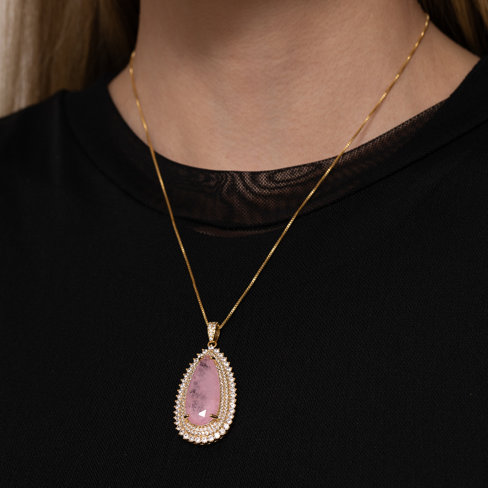 COLAR GOTA COM ZIRCÔNIAS E PEDRA ROSA CLARO G BANHO OURO 18K