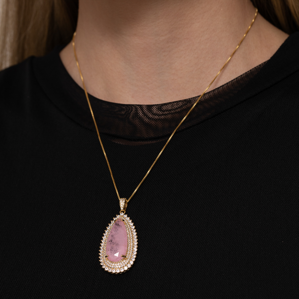 COLAR GOTA COM ZIRCÔNIAS E PEDRA ROSA CLARO G BANHO OURO 18K