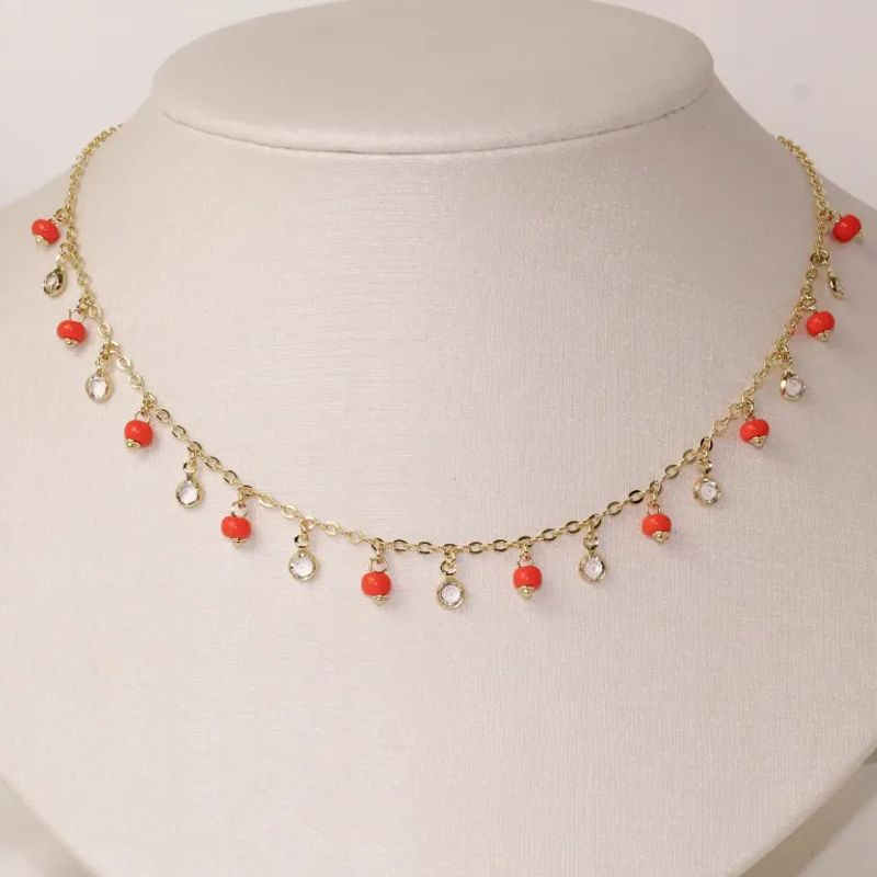 CHOKER BOLINHAS LARANJA COM CRISTAIS BANHO OURO 18K