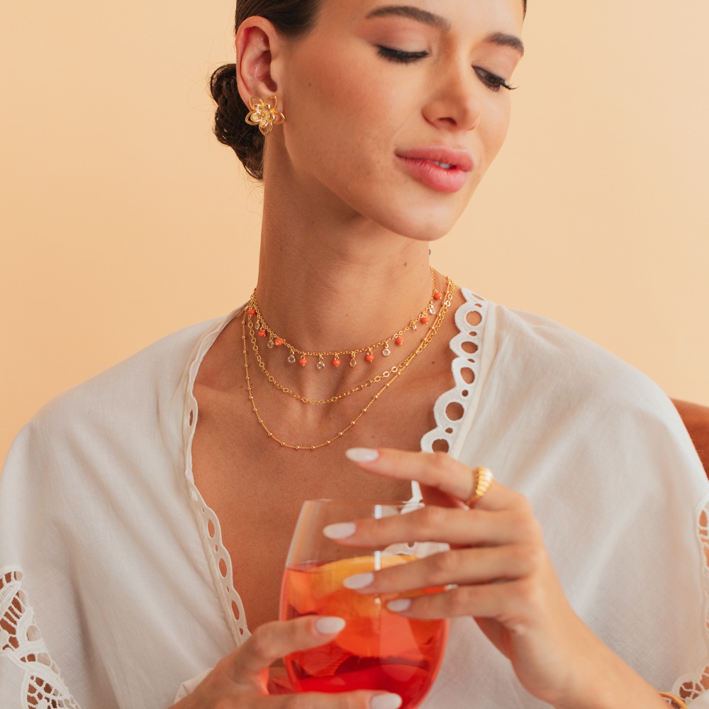 CHOKER BOLINHAS LARANJA COM CRISTAIS BANHO OURO 18K