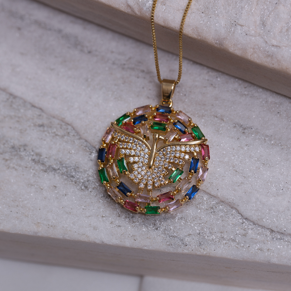 COLAR ESPÍRITO SANTO COM ZIRCÔNIAS NAVETE COLORIDO BANHO OURO 18K