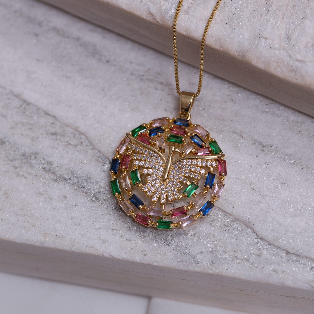 COLAR ESPÍRITO SANTO COM ZIRCÔNIAS NAVETE COLORIDO BANHO OURO 18K