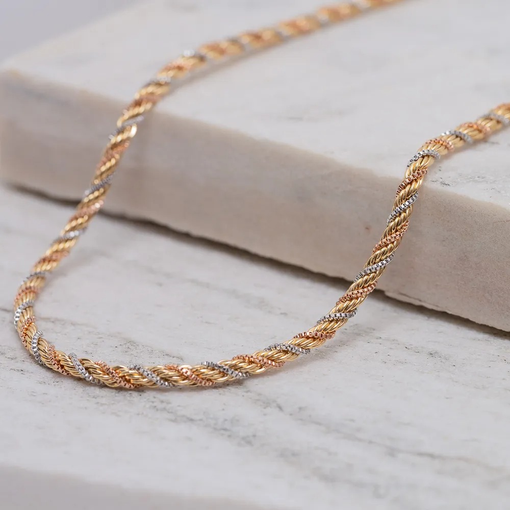 CORRENTE CABO DE AÇO 3 CORES 4MM BANHO OURO 18K