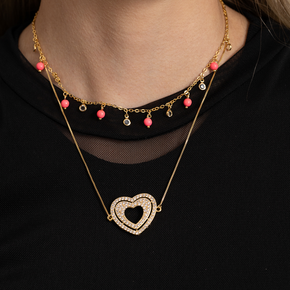 CHOKER BOLINHAS ROSA COM CRISTAIS BANHO OURO 18K