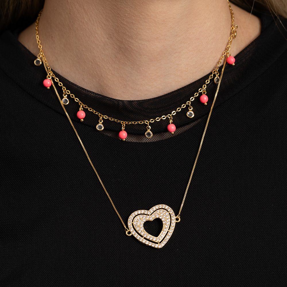 CHOKER BOLINHAS ROSA COM CRISTAIS BANHO OURO 18K