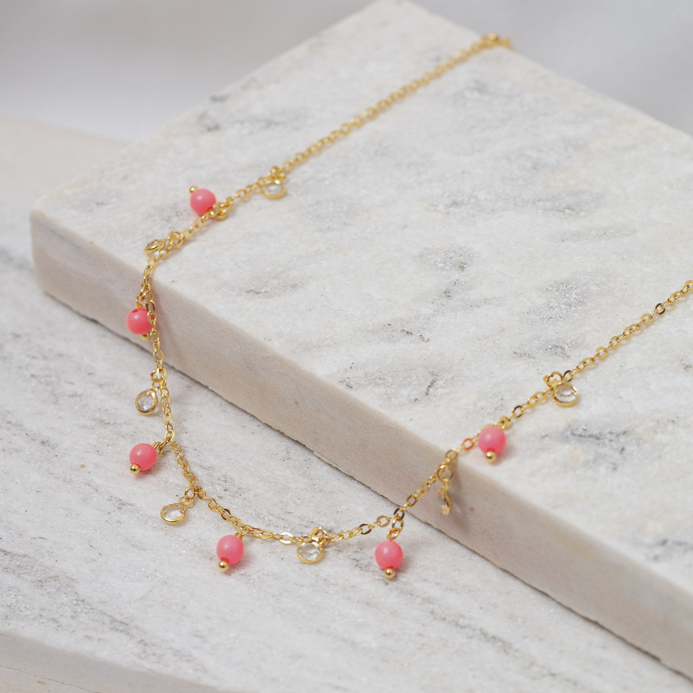 CHOKER BOLINHAS ROSA COM CRISTAIS BANHO OURO 18K