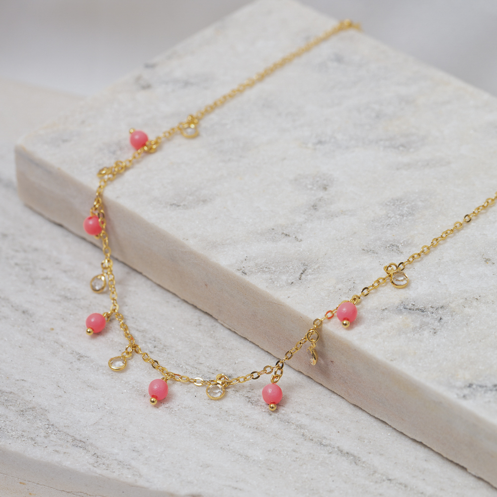 CHOKER BOLINHAS ROSA COM CRISTAIS BANHO OURO 18K