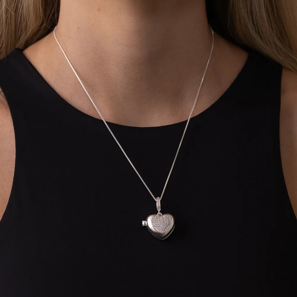 COLAR PERFUMEIRA CORAÇÃO CRAVEJADO COM ZIRCÔNIAS CRISTAIS BANHO PRATA