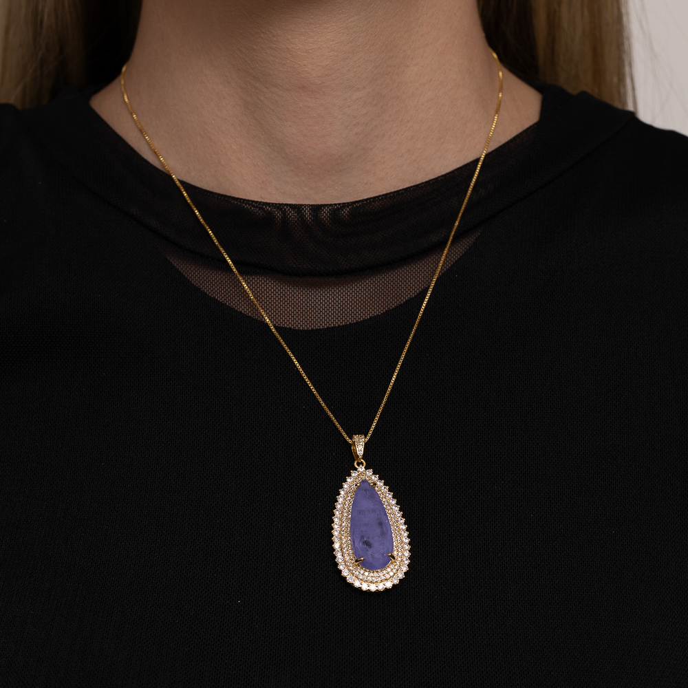 COLAR GOTA  COM ZIRCÔNIAS E PEDRA ROXA G BANHO OURO 18K