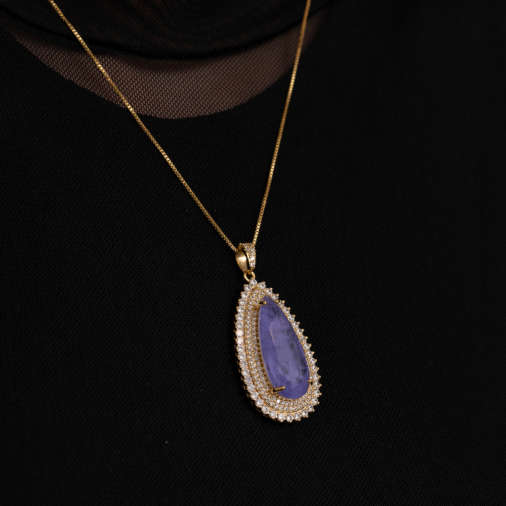 COLAR GOTA  COM ZIRCÔNIAS E PEDRA ROXA G BANHO OURO 18K