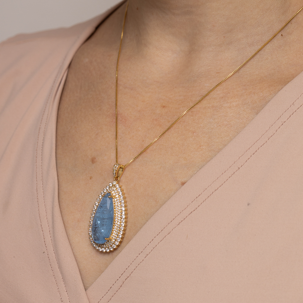 COLAR GOTA COM ZIRCÔNIAS E PEDRA AZUL CLARO G BANHO OURO 18K