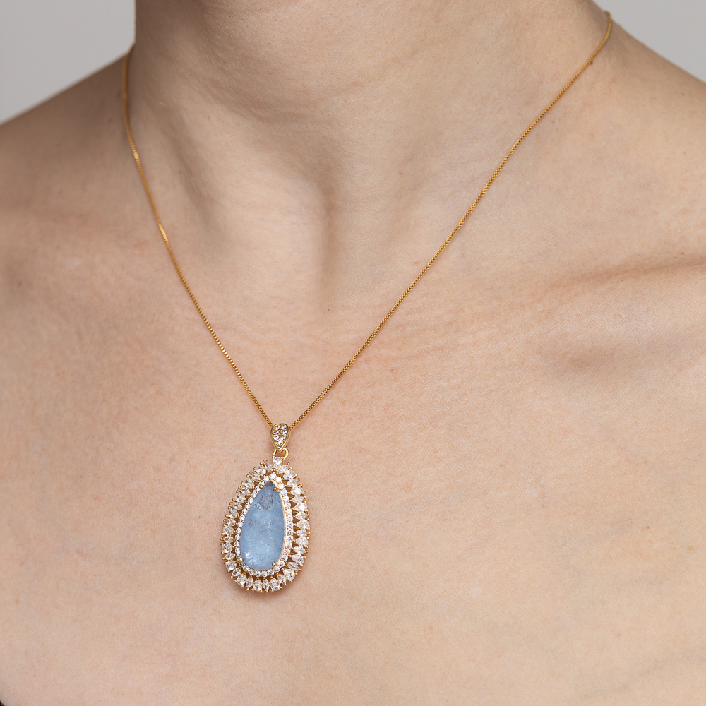 COLAR GOTA COM ZIRCÔNIAS E PEDRA AZUL CLARO M BANHO OURO 18K