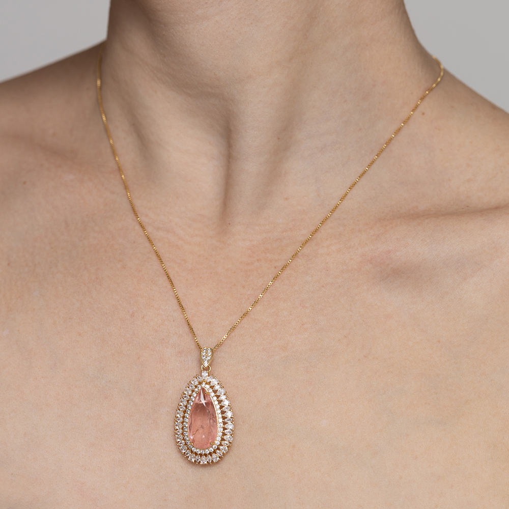 COLAR GOTA COM ZIRCÔNIAS E PEDRA SALMÃO M BANHO OURO 18K