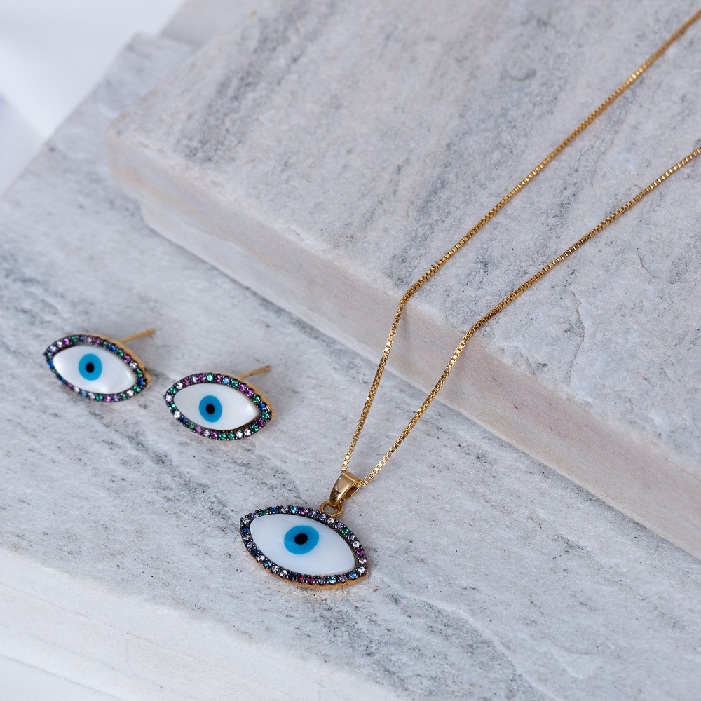 CONJUNTO OLHO GREGO ZIRCÔNIA COLORIDAS BANHO OURO 18K