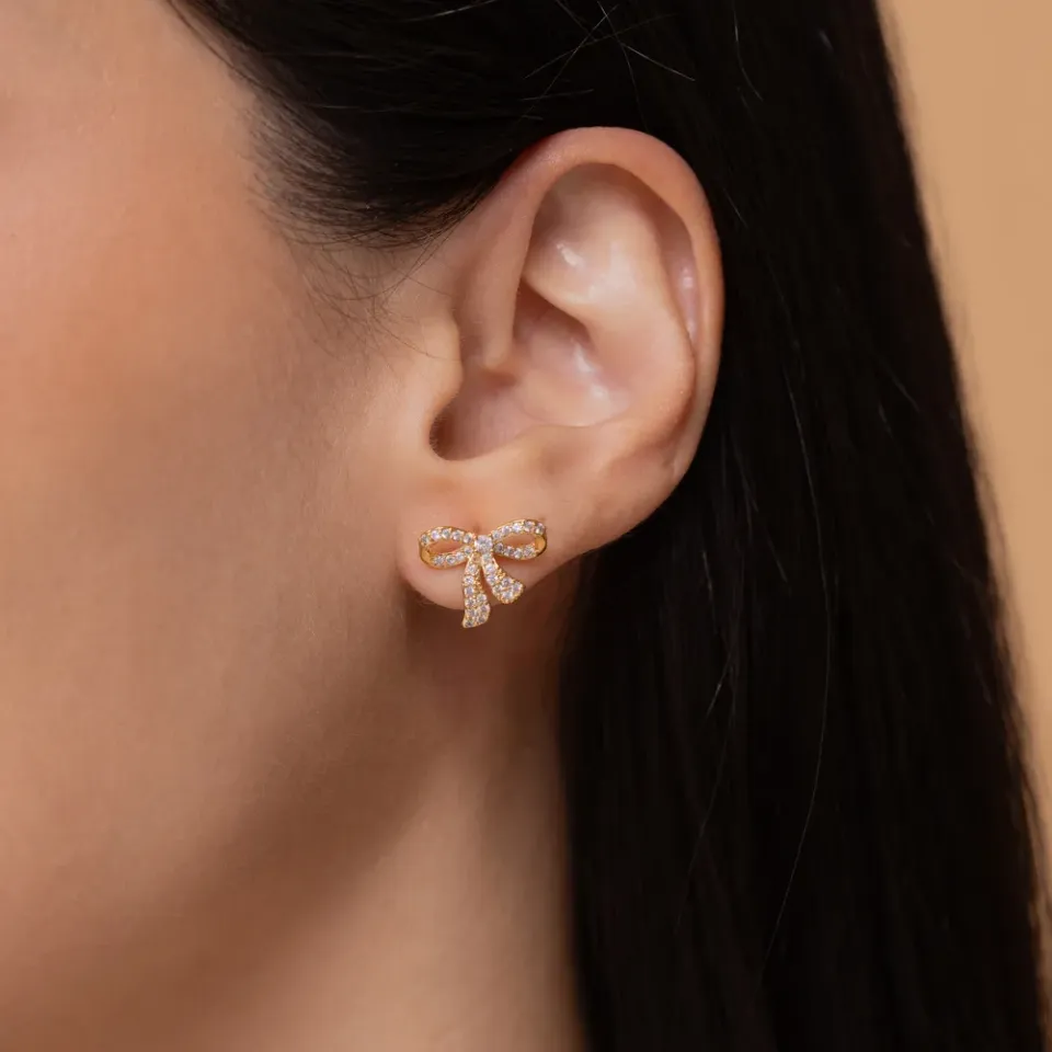 CONJUNTO LAÇO COM ZIRCÔNIAS CRISTAIS BANHO OURO 18K