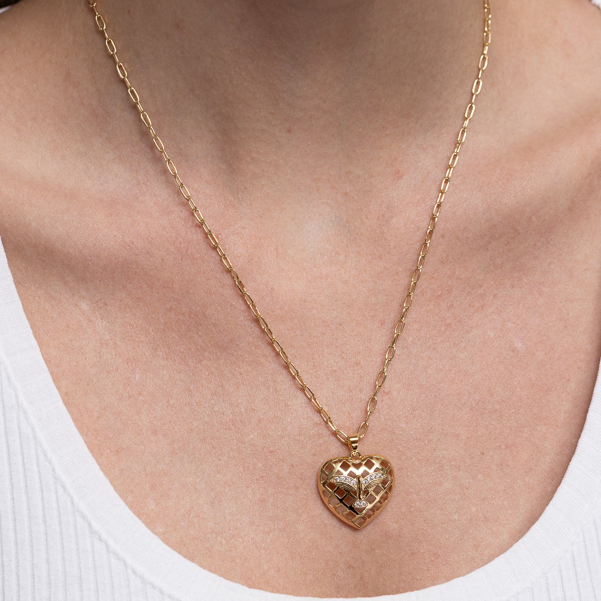 CONJUNTO CORAÇÃO ESPÍRITO SANTO BANHO OURO 18K