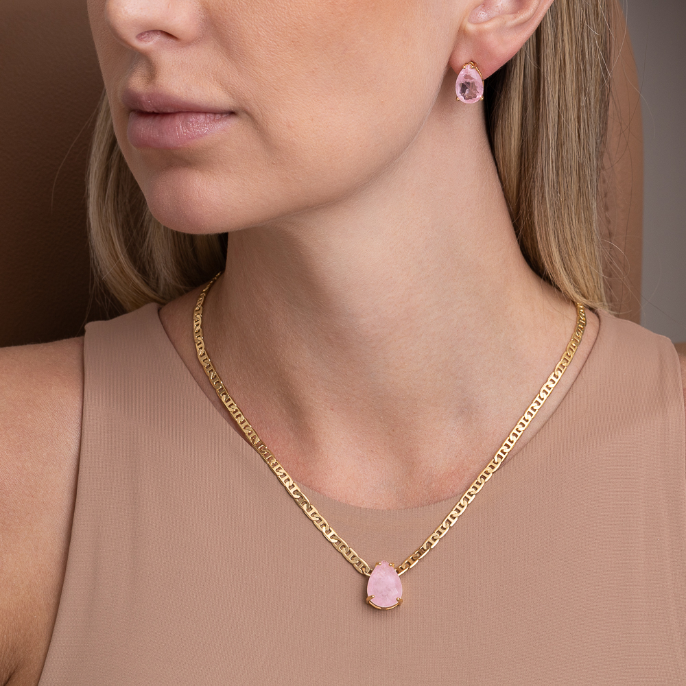 CONJUNTO GOTA PEDRA ROSA CLARO CORRENTE PIASTRINE BANHO OURO 18K