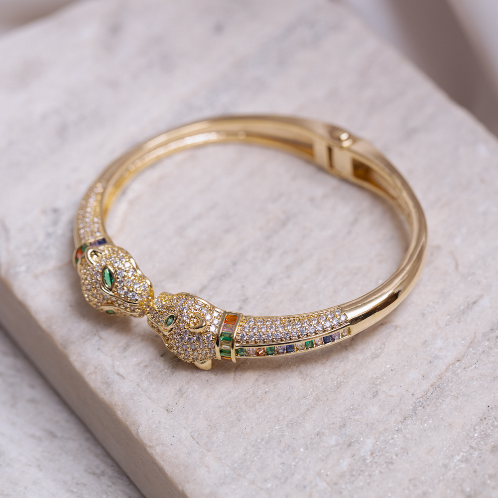 BRACELETE TIGRE COM ZIRCÔNIAS COLORIDAS BANHO OURO 18K