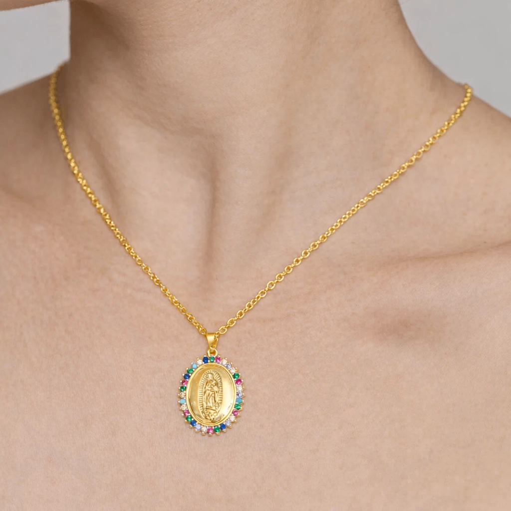 COLAR RELIGIOSO COM ZIRCÔNIA COLORIDO BANHO OURO 18K