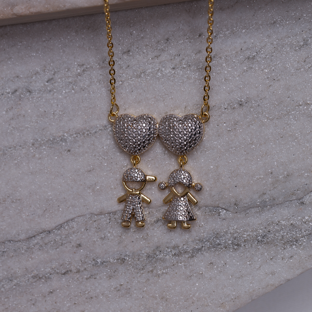 COLAR FILHOS CASAL COM CANETA RÓDIO BRANCO EM BANHO OURO 18K