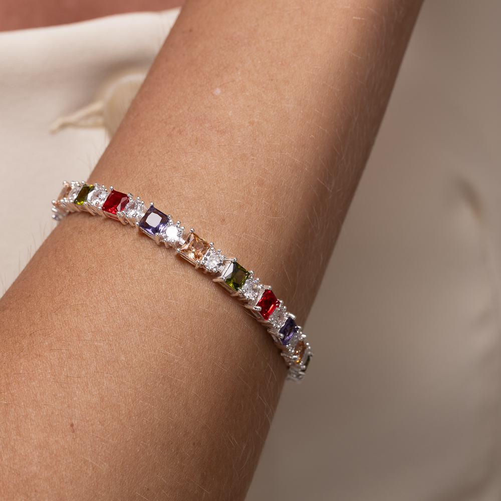 PULSEIRA RIVIERA COM ZIRCÔNIAS COLORIDAS QUADRADAS BANHO PRATA