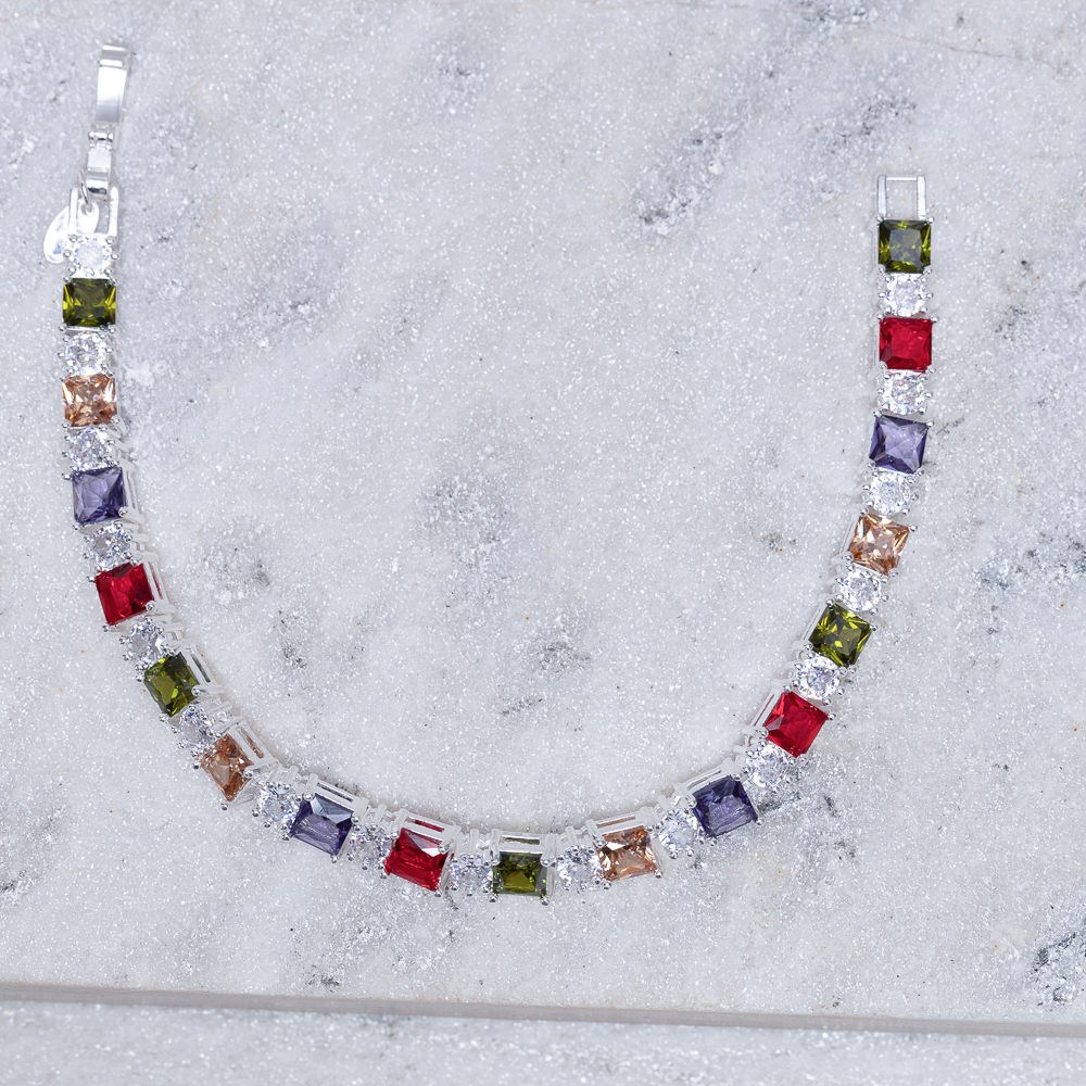 PULSEIRA RIVIERA COM ZIRCÔNIAS COLORIDAS QUADRADAS BANHO PRATA