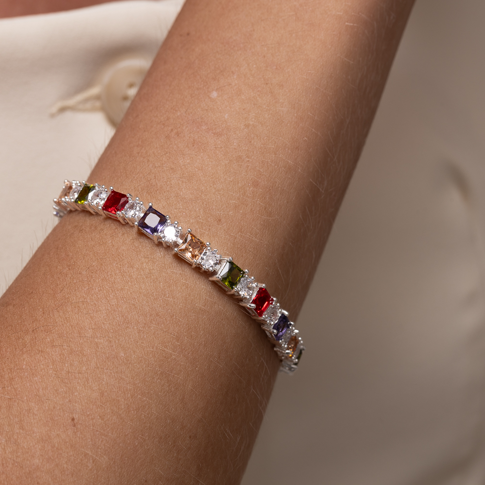 PULSEIRA RIVIERA COM ZIRCÔNIAS COLORIDAS QUADRADAS BANHO PRATA