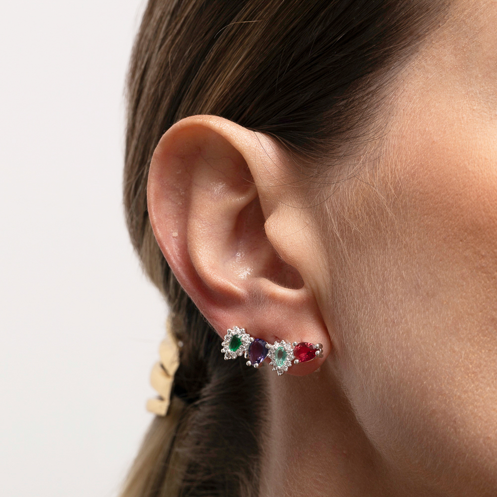 BRINCO EAR CUFF COM PEDRAS COLORIDAS BANHO PRATA