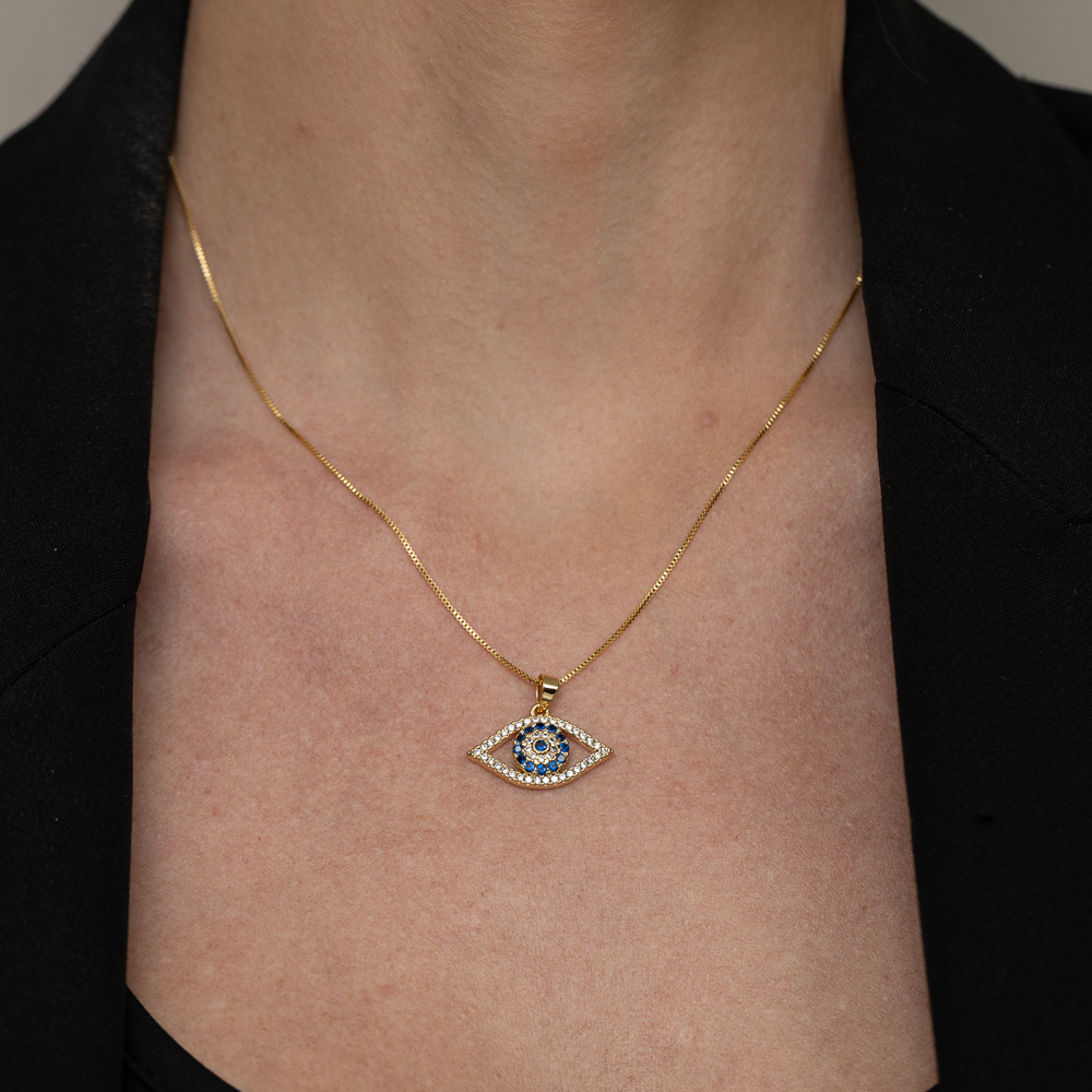 COLAR OLHO GREGO COM ZIRCÔNIAS AZUL ESCUROS BANHO OURO 18K