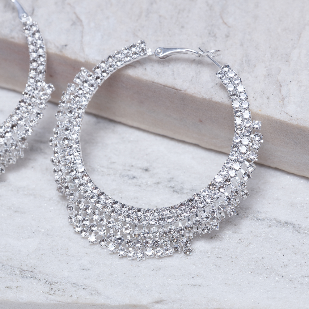 BRINCO ARGOLA FESTA FRANJA COM ZIRCÔNIAS CRISTAIS BANHO PRATA