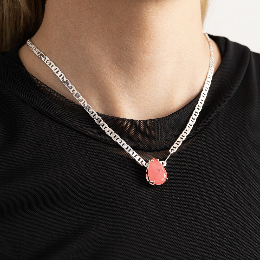 CONJUNTO GOTA PEDRA COR SALMÃO E CORRENTE PIASTRINE BANHO PRATA