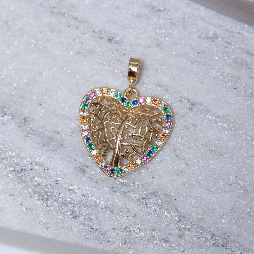 PINGENTE CORAÇÃO ÁRVORE DA VIDA CRAVEJADA BANHO OURO 18K