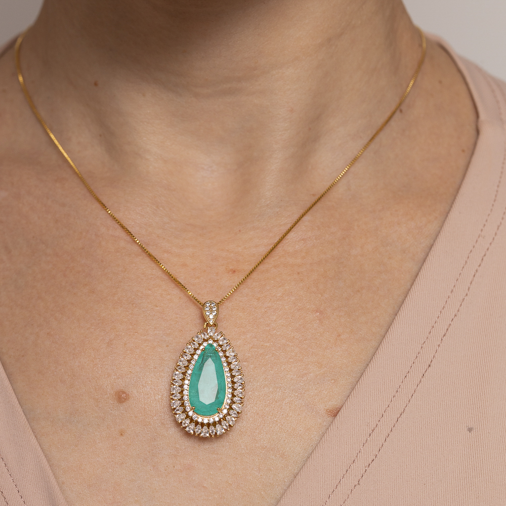 COLAR GOTA COM ZIRCÔNIAS E PEDRA VERDE TIFFANY G BANHO OURO 18K