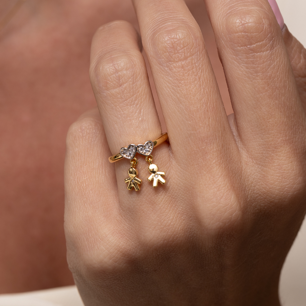 ANEL FILHOS DOIS MENINOS DOIS CORAÇÕES BANHO OURO 18K