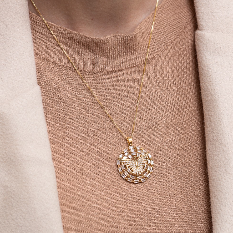 COLAR ESPÍRITO SANTO COM ZIRCÔNIAS NAVETE CRISTAL BANHO OURO 18K COLAR ESPÍRITO SANTO COM ZIRCÔNIAS NAVETE CRISTAL BANHO OURO 18K