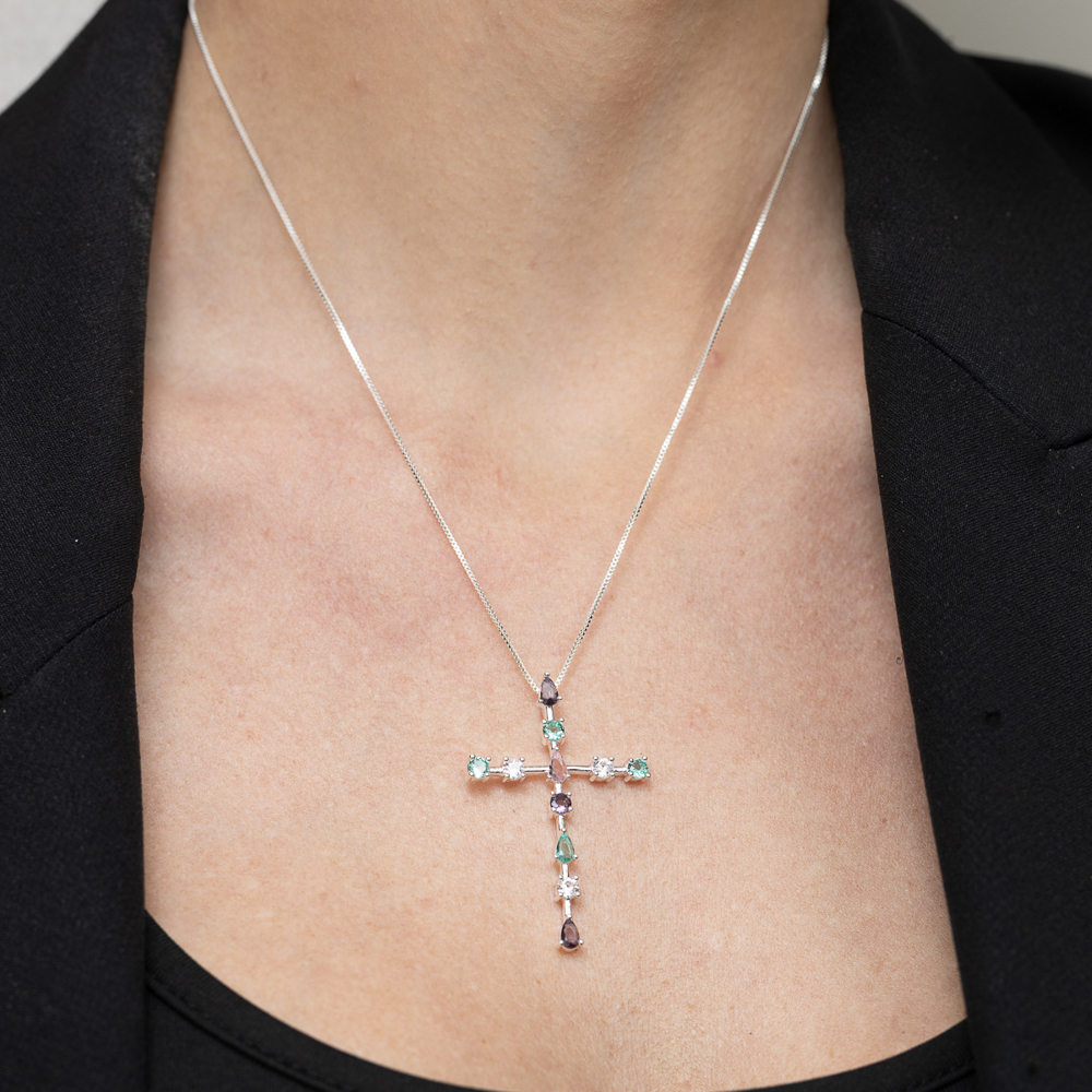 COLAR CRUZ COM ZIRCÔNIAS COLORIDAS BANHO PRATA COLAR CRUZ COM ZIRCÔNIAS COLORIDAS BANHO PRATA