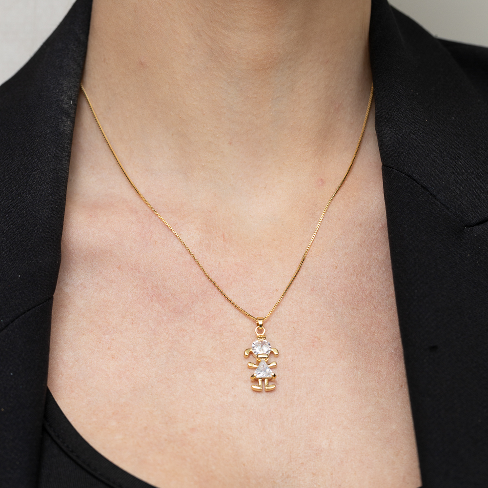 COLAR FILHOS MENINA COM PEDRA CRISTAL BANHO OURO 18K